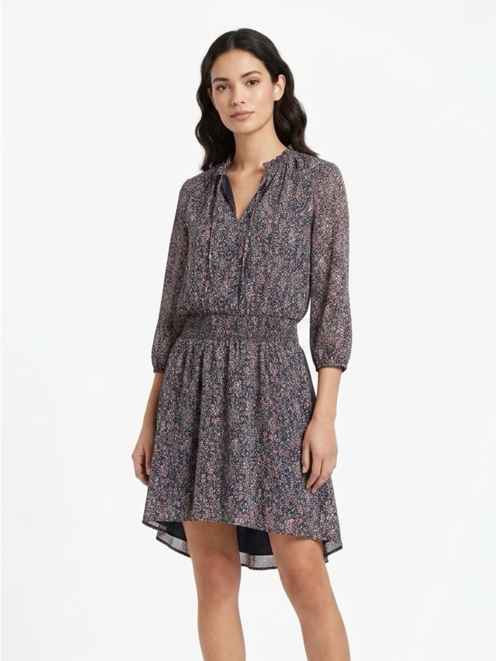 Mercantile, Floral Smocked-Waist Mini Dress in Navy - S